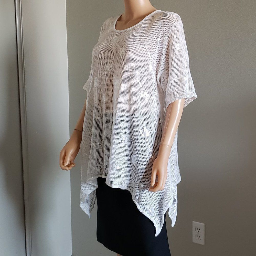 Sarah Santos White Linen Mesh Blouse Sweater sz L
